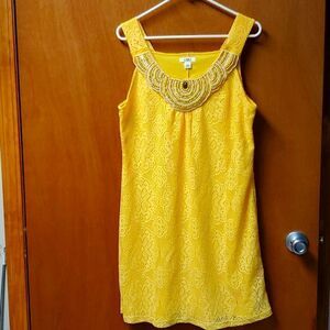 Cato Yellow Sleeveless Beaded Neckline Lace Summer Dress, Size Large
